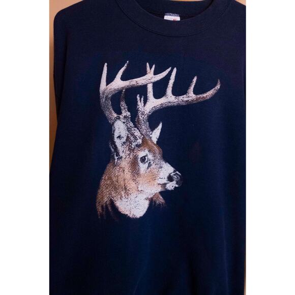 Vintage Buck Crewneck Sweatshirt – Navy Blue Jerzees Deer Made in USA - Picture 6 of 7
